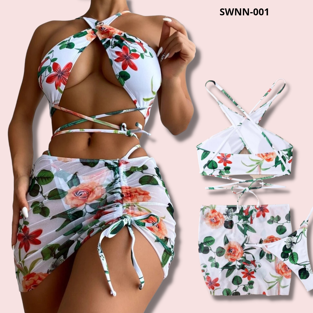 3 Piece Floral Print Cross Lace Up Bikini Swimsuit & Beach Skirt - 001