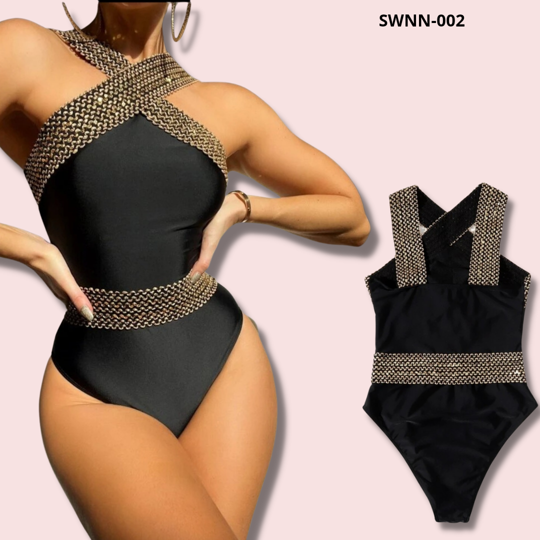 Contrast Binding Criss Cross One Piece Contrast Swimsuit - 002