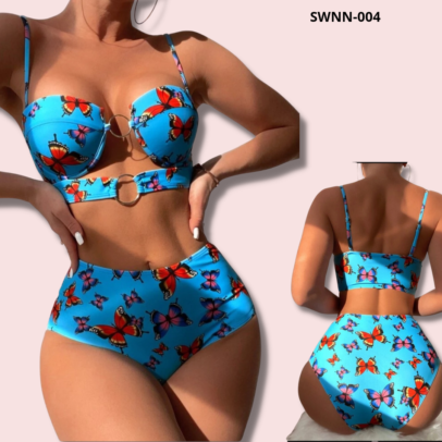 Butterfly Print Ring Linked Push Up Bikini Swimsuit - 004