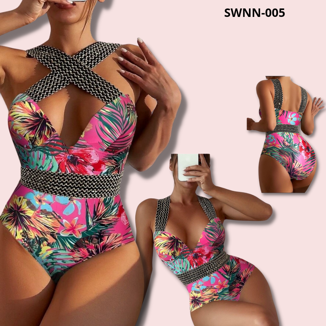 Tropical Print Stitch Detail Push Up One Piece Swimsuit - 005