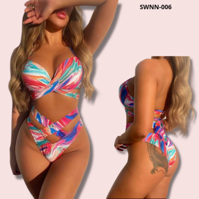 Allover Print Criss Cross Push Up Bikini Swimsuit - 006