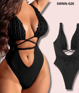Rib Lace Up One Piece Swimsuit - 020