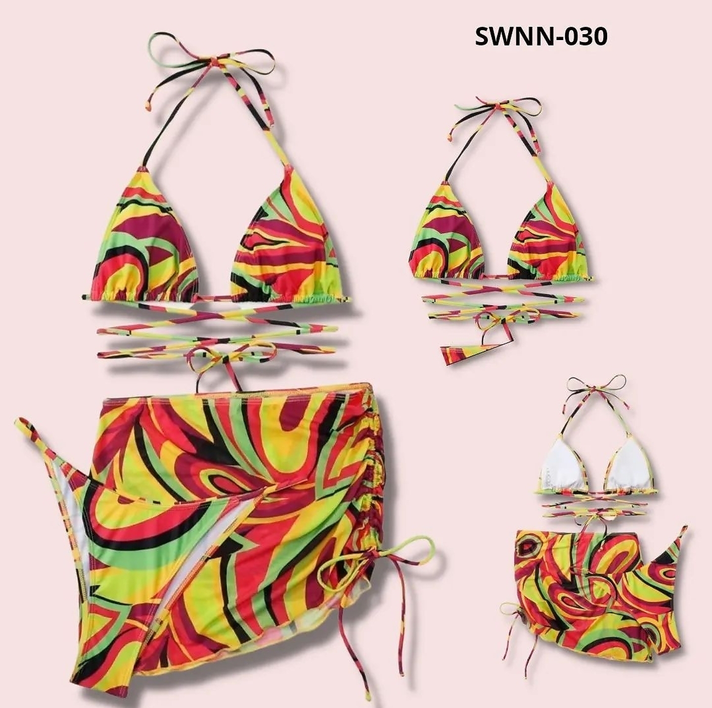 3 Piece Allover Print Triangle Bikini Swimsuit & Beach Skirt - 030