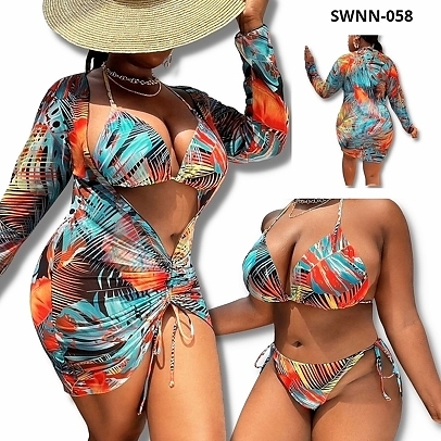 Plus Piece Tropical Print Drawstring Front Triangle Thong Bikini Swimsuit & Cover Up - 058
