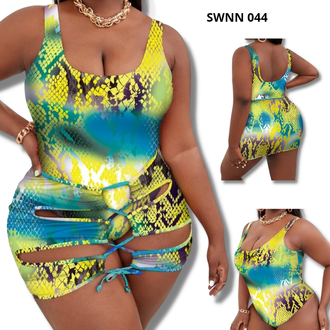 Snakeskin Print One Piece Swimsuit With Beach Skirt - 044