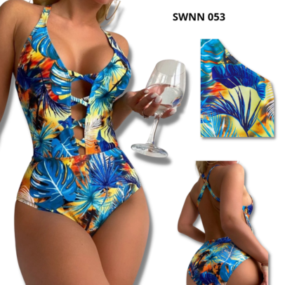 Tropical Print Criss Cross One Piece Swimsuit - 053