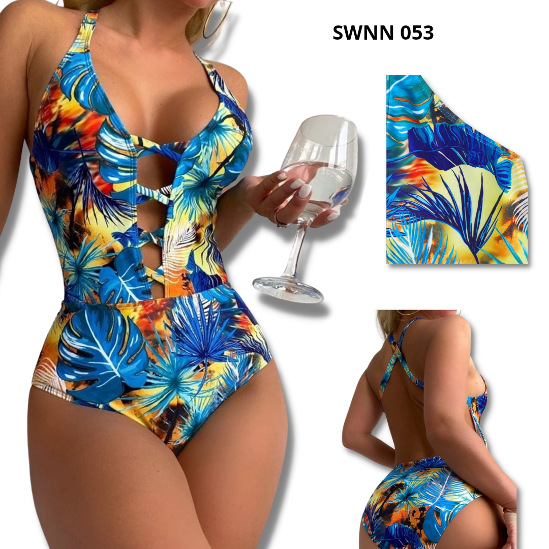 Tropical Print Criss Cross One Piece Swimsuit - 053