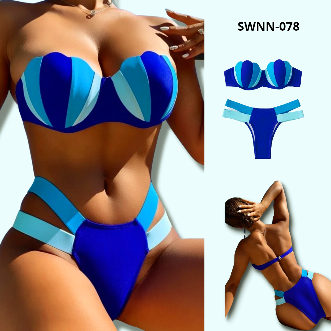 Color Block Scallop Trim Push Up Bikini Swimsuit - 078