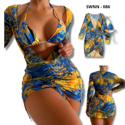 Tropical Print Halter Triangle Bikini Swimsuit With Drawstring Cover Up - 086