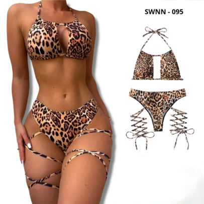 Leopard Lace-up Halter Bikini Swimsuit - 095
