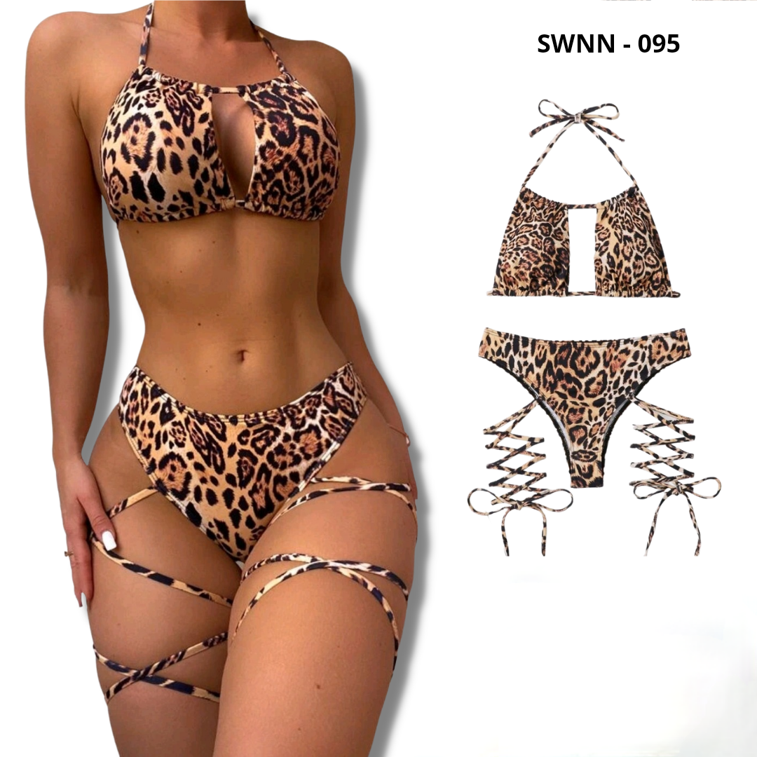 Leopard Lace-up Halter Bikini Swimsuit - 095