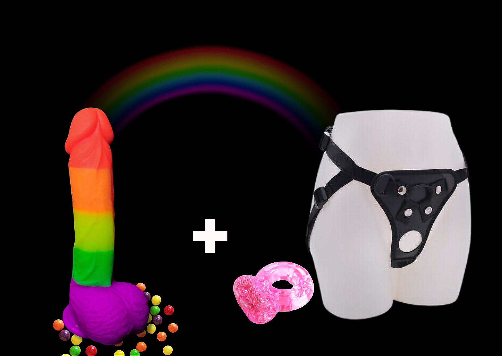 Taste the Rainbow Dildo, Get Me There Penis Ring & Strap Bundle - Image 2
